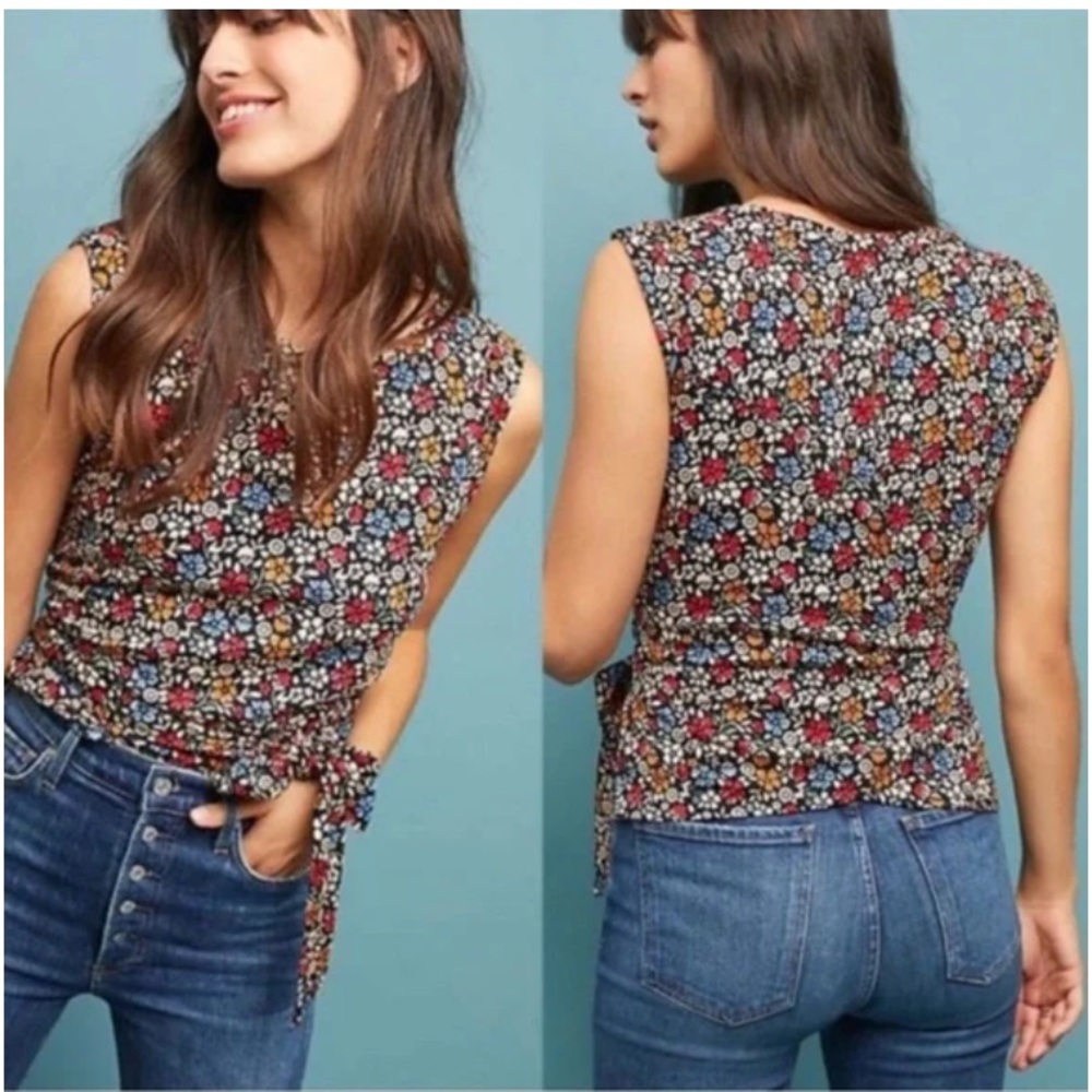 New Anthropologie Maeve Floral Black Colorful Spring Summer Wrap Top Shirt S 4 6